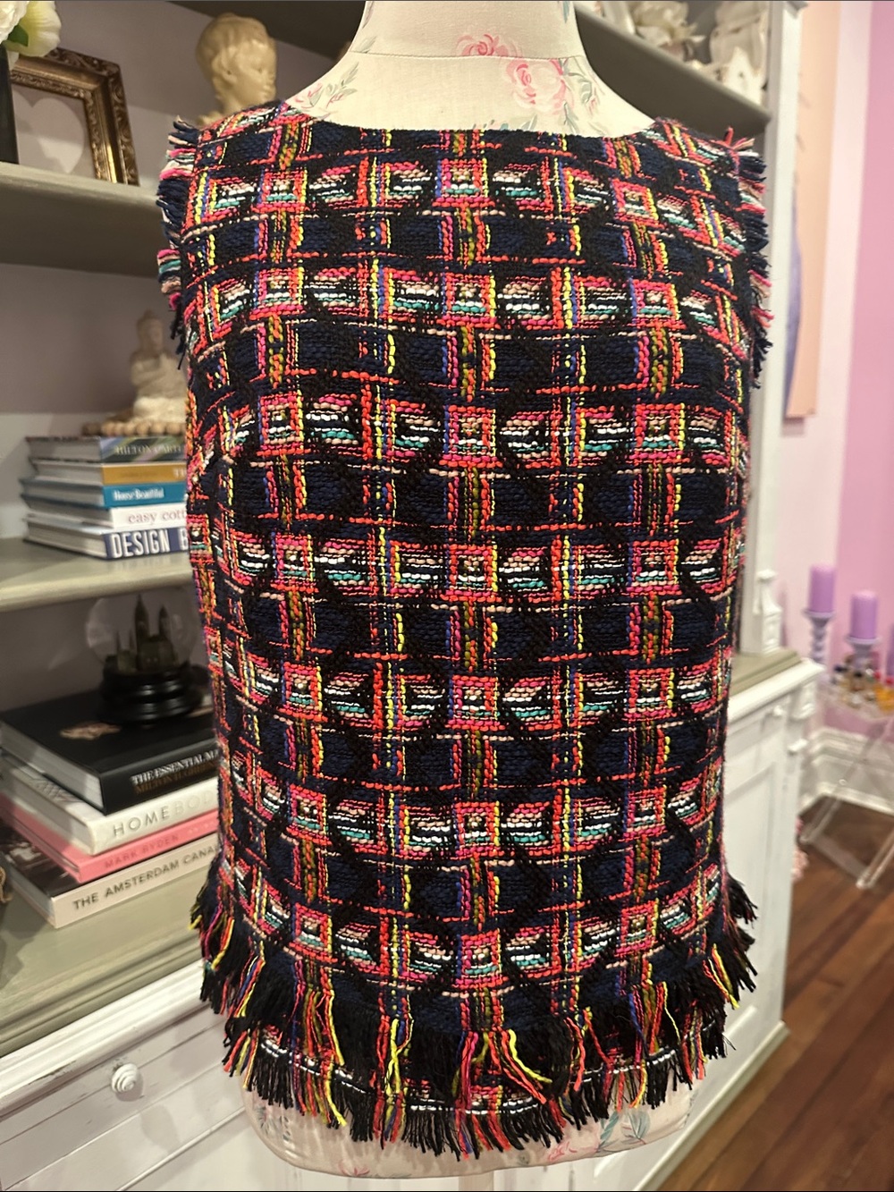 Trina Turk Black Multicolor Tweed Fringe Shell Top